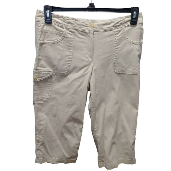 Izod Womens Cargo Capri Pants Khaki Size 8 Cotton Blend Cargo Stretch Button Zip - Picture 1 of 12